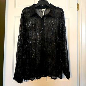 Ultra Pink Black Sheer Sequined Collared Button Up Size 2X Plus LS NWT Dressy